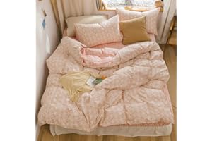 BlueBlue Rabbit Duvet Cover Set Twin 100% Cotton Bedding for Kids Boys Girls Teens Single Bed Cartoon Bunny Garden Floral on Pink 1 Reversible Check Comforter Cover with Zipper Ties 2 Pillowcases