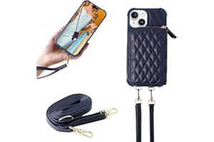 MONASAY Zipper Wallet Case Compatible for iPhone 15,[Glass Screen Protector ][RFID Blocking] Flip Leather Handbag Phone Cover with Card Holder&Detachable Crossbody Shoulder Lanyard Strap, Dark Blue