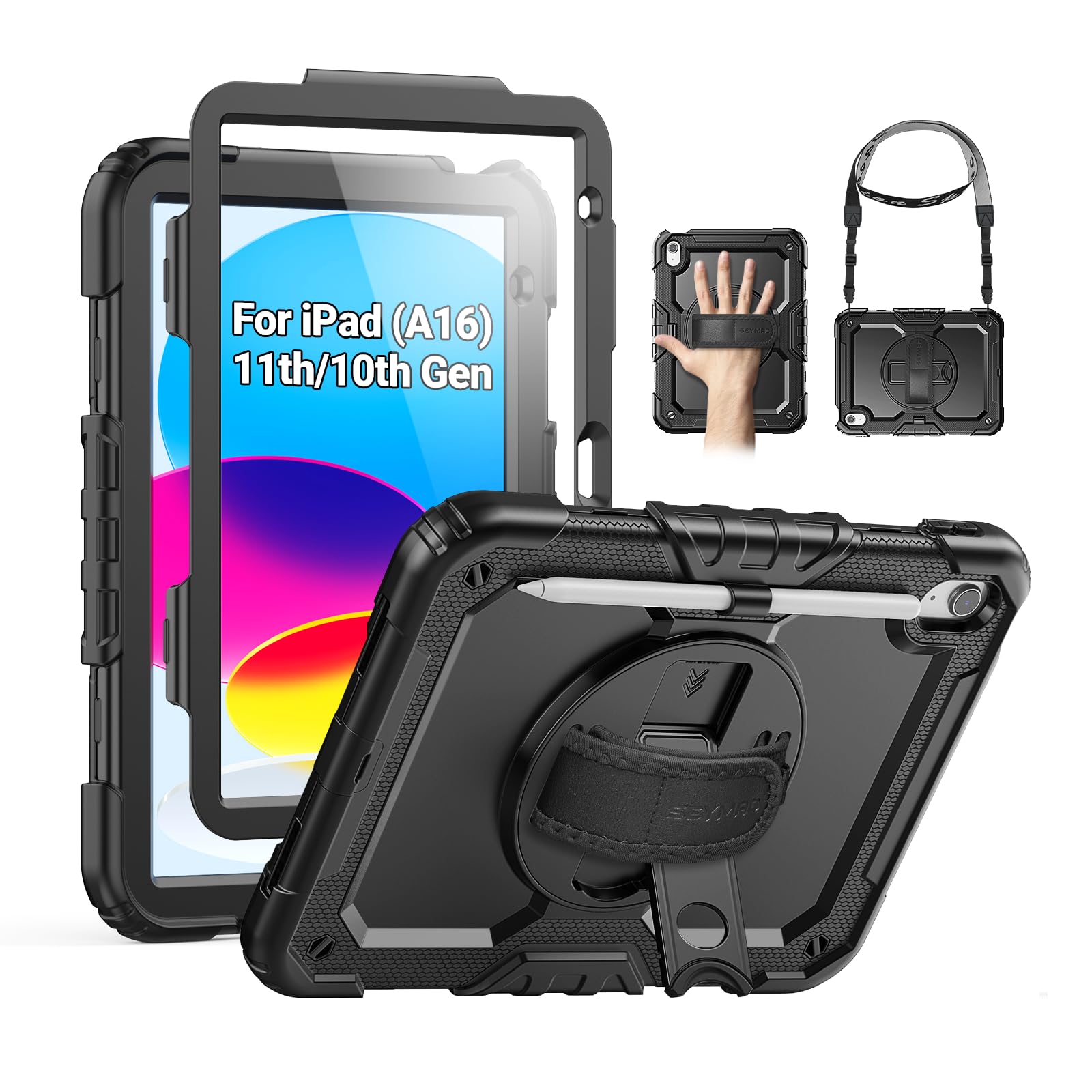 Photo 1 of SEYMAC Case for iPad (A16) 11th/10th Generation 2025/2022 (11?/10.9?), Sturdy Heavy Duty Full-Body Shockproof Protective Case with Screen Protector, Rotating Stand, Hand/Shoulder Strap, Black