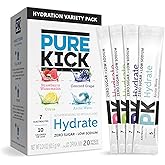 Pure Kick Hydration Powdered Drink Mix, Variety Pack, 20 Packets | Sugar Free, Water Flavoring Packets, Electrolytes, B Vitamins, Strawberry Watermelon, Citrus, Concord Grape, Arctic Wave