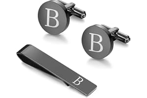LOYALLOOK Black Initial Cufflinks and Tie Clip Set for Men Personalized Copper Cuff Links and Tie Bar Letter Alphabet A-Z Gift for Father Husband