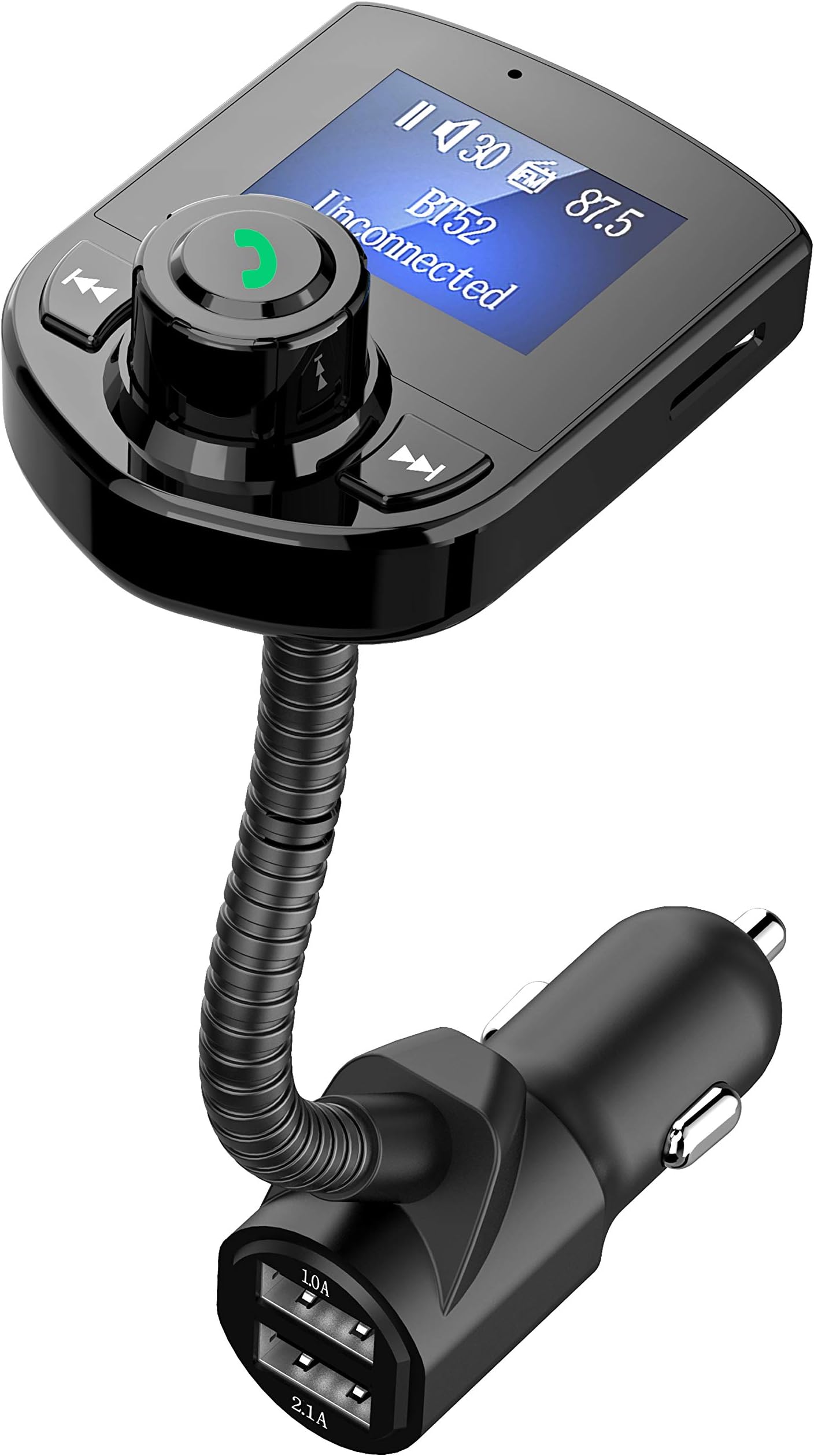 Bluetooth FM Transmitter for Car, Wireless FM Radio Transmitter Adapter Car Kit Dual USB Charging Port Car Charger with Hands Free Calls and 1.44” LCD Display Support Aux Input/Output TF Card USB Disk