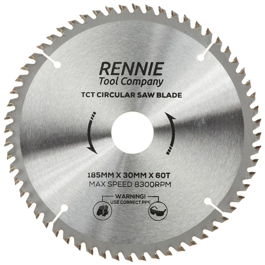 185mm x 60T TCT Saw Blade. 185mm Circular Saw Blade For Fast Cuts x 30mm Bore + 25mm/20mm/16mm Bore Reduction Rings Fits Evolution Bosch Makita Ryobi Dewalt Circular Saws etc, Fits 190mm Circular Saw