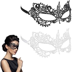Matwsec 2 Pcs Masquerade Mask for Women, Lace Mask for Venetian Costume Party, Elegant Black & White Lace Masquerade Mask for