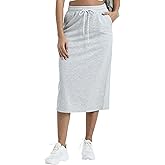 Wrotorea Women's Casual High Waist Elastic Drawstring Stretch Sweat Slit Midi Skirt with Pocket