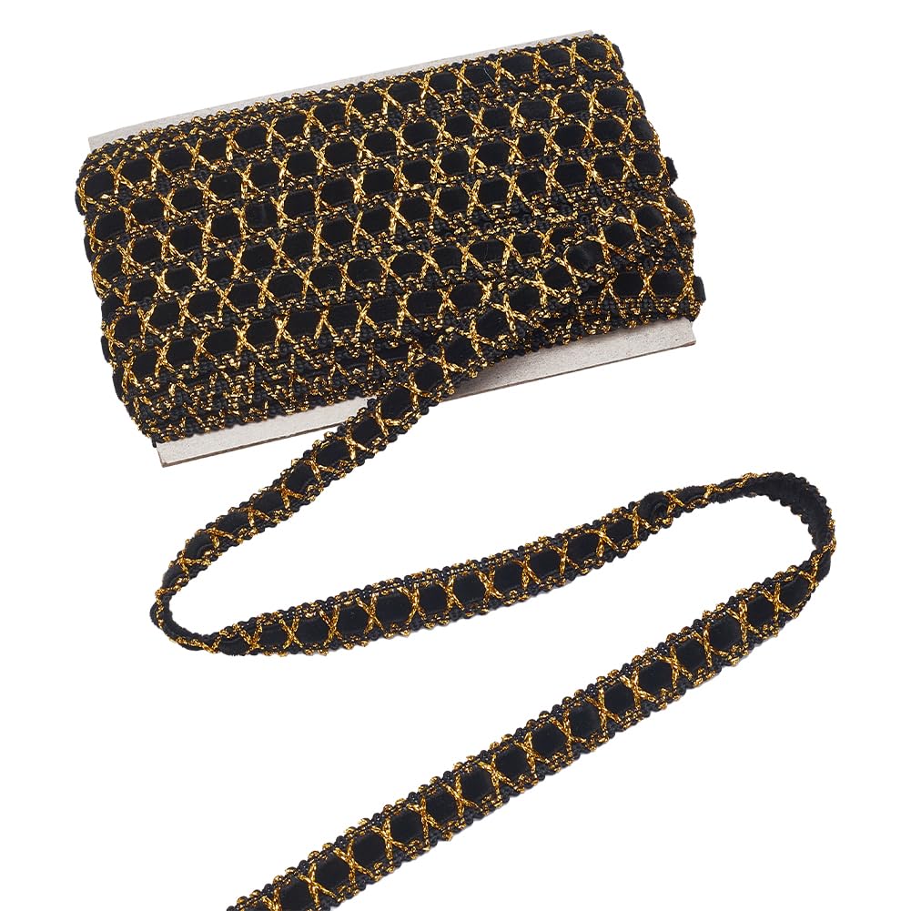 MAYJOYDIY 11 Yards Black Gold Metallic Lace Trim Suede Gimp Braid Trim Ribbon 0.5inch Metallic Edge Trim Decorative Woven Gimp Fringe Trim for Curtain Lampshades Sewing Bag Costume DIY Crafts