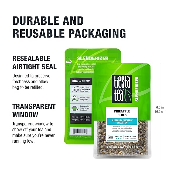 TIESTA TEA – PINEAPPLE BLUES, LOOSE LEAF, BLUEBERRY PINEAPPLE GREEN TEA, PREMIUM TROPICAL BLEND, MEDIUM CAFFEINATED GREEN, MAKE HOT OR ICED, BREWS UP TO 25 CUPS, 2 OUNCE RESEALABLE POUCH