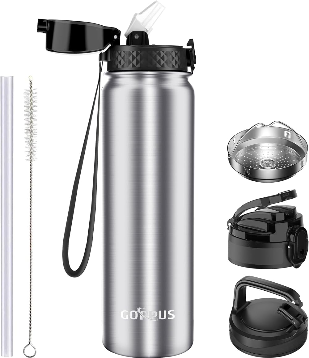 GOPPUS 1L Stainless Steel Water Bottle with Straw Leakproof Flip Lid