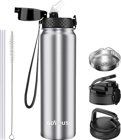 GOPPUS 1L Stainless Steel Water Bottle with Straw Leakproof Flip Lid