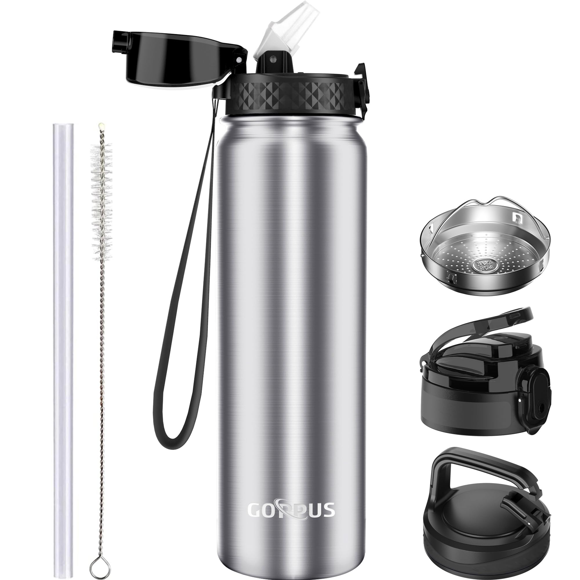 GOPPUS 1L/32oz Stainless Water Bottle with Straw Double Wall Insulated Bottles with Strap Reusable Vacuum Thermal Flask Leakproof Keep Cold Drinks Bottles with Flip Top Lid for Gym Men Women BPA Free