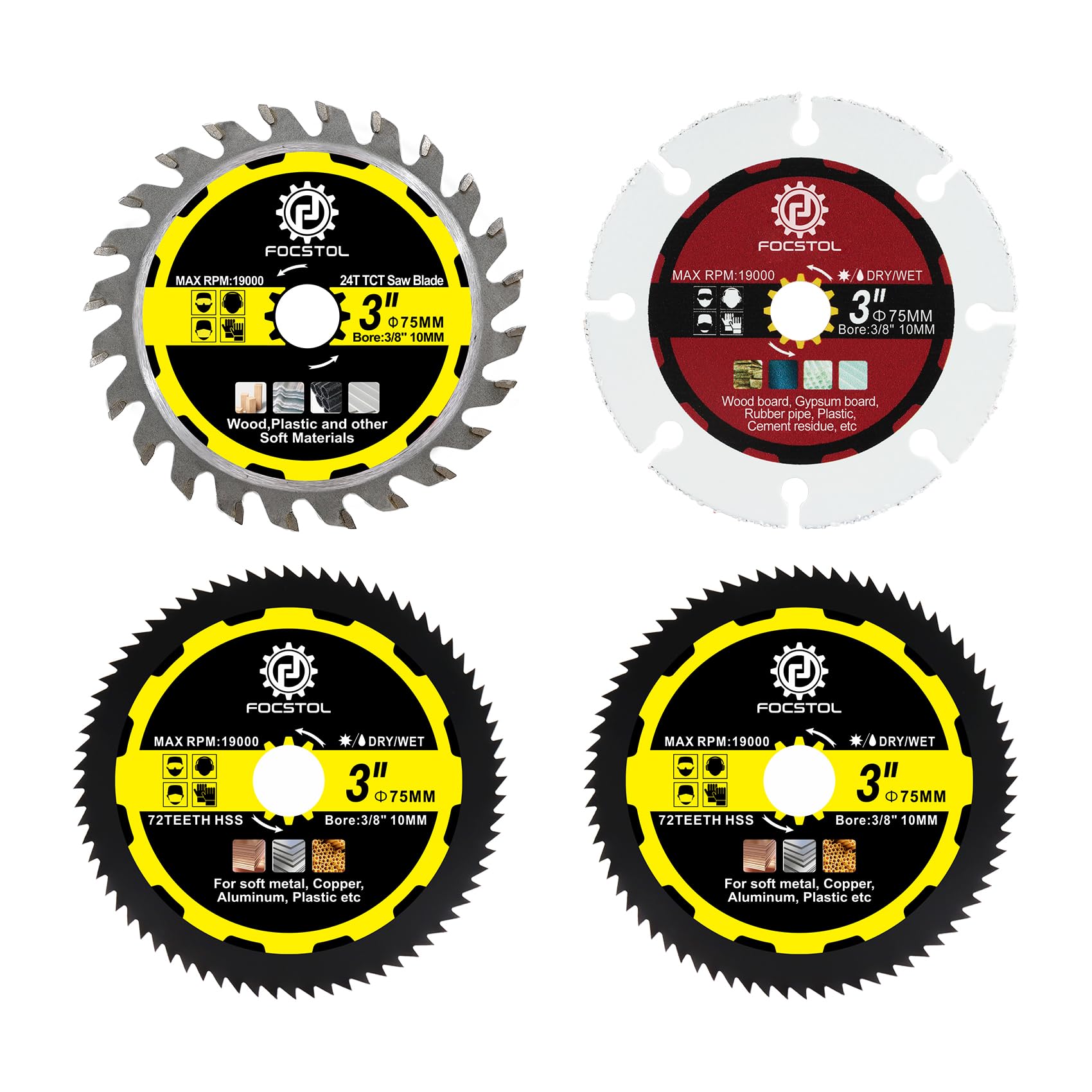 FOCSTOL Saw Blade Set - 4pcs 75mm Cutting Disc for Cutting Wood Metal Plastic for Angle Grinder Arbor 10mm