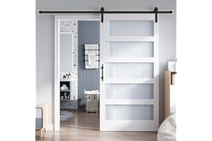 ROYMELO 42x84 Inch Glass Sliding Barn Door Slab and 7ft Hardware Kit Included, 5 Frosted Glass, LVL Wood Panel Covered with White Water-Proof Scratch-Proof PVC Surface, Simple DIY Assembly