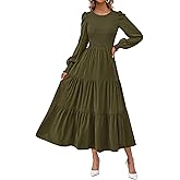 KIRUNDO Spring Dresses for Women 2026 Long Sleeve Maxi Wedding Guest Smocked Crew Neck Empire Waist A Line Flowy Long Dress
