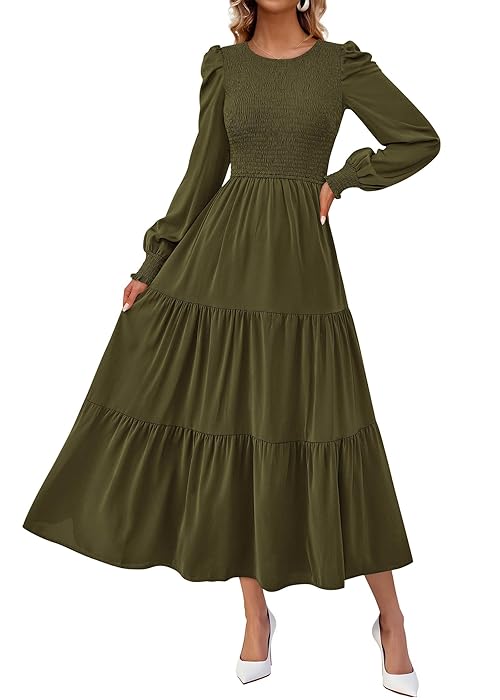 KIRUNDO Fall Dresses for Women 2025 Long Sleeve Maxi Wedding Guest Smocked Crew Neck Empire Waist A Line Flowy Long Dress(Army Green, Large)