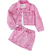 WDIRARA Girl's 2 Piece Outfit Ripped Button Front Long Sleeve Denim Jackets and Mini Skirts Set