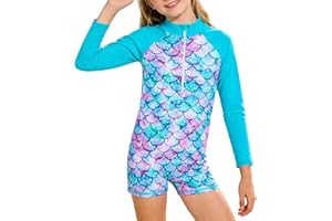 Girls Mermaid Swimsuit Kids One Piece Bathing Suit Long Sleeve Quick Drying Swimwear for Beach Pool 3-14Y