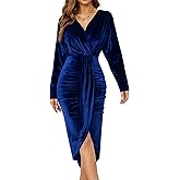 NiPaMi Women's V Neck Long Sleeve Ruched Dress Sexy Velvet Cocktail Party Evening Club Midi Dresses