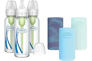 Dr. Brown's Anti-Colic Options+ Narrow Glass Baby Bottles with Silicone Sleeves, Blue, Glow, Mint, BPA-Free, 8 oz/250 mL, 0m+, 3-Pack