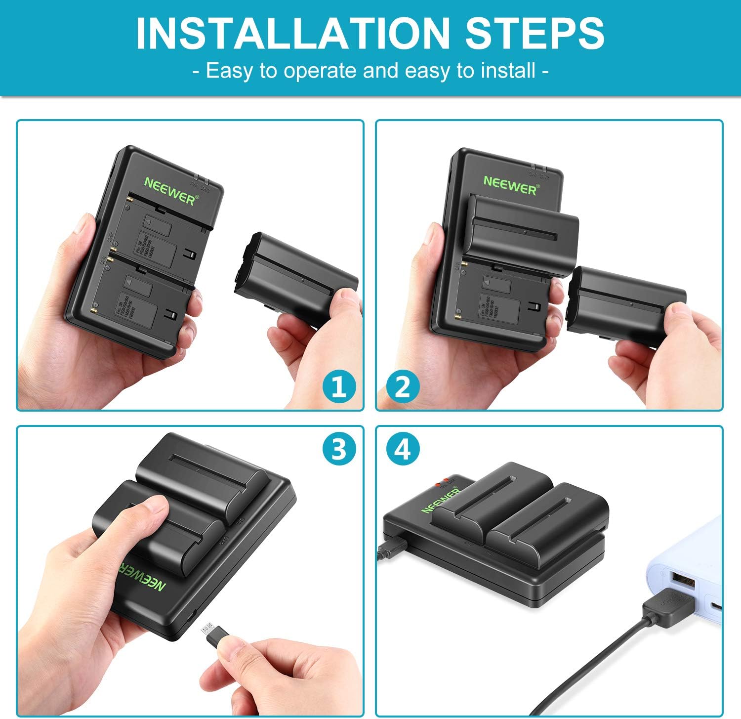 Neewer NP-F550 Battery Charger Set for Sony NP F970,F750,F960,F530,F570,CCD-SC55,TR516,TR716,and More (2-Pack Replacement Battery, Dual Slot Charger): Camera & Photo