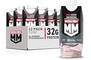 Muscle Milk Pro Advanced Nutrition Protein Shake, Slammin' Strawberry, 11 Fl Oz Carton, 12 Pack, 32g Protein, 1g Sugar, 16 Vitamins & Minerals, 5g Fiber, Workout Recovery, Bottle, Packaging May Vary