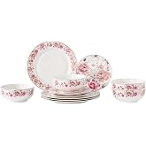 Lorren Home Trends Floral Porcelain Dinnerware Set, 12-Piece | Pink Rose &amp; Peony Design, Serves 4, Gold Trim Accent, Includes Plates &amp; Bowls, White Porcelain