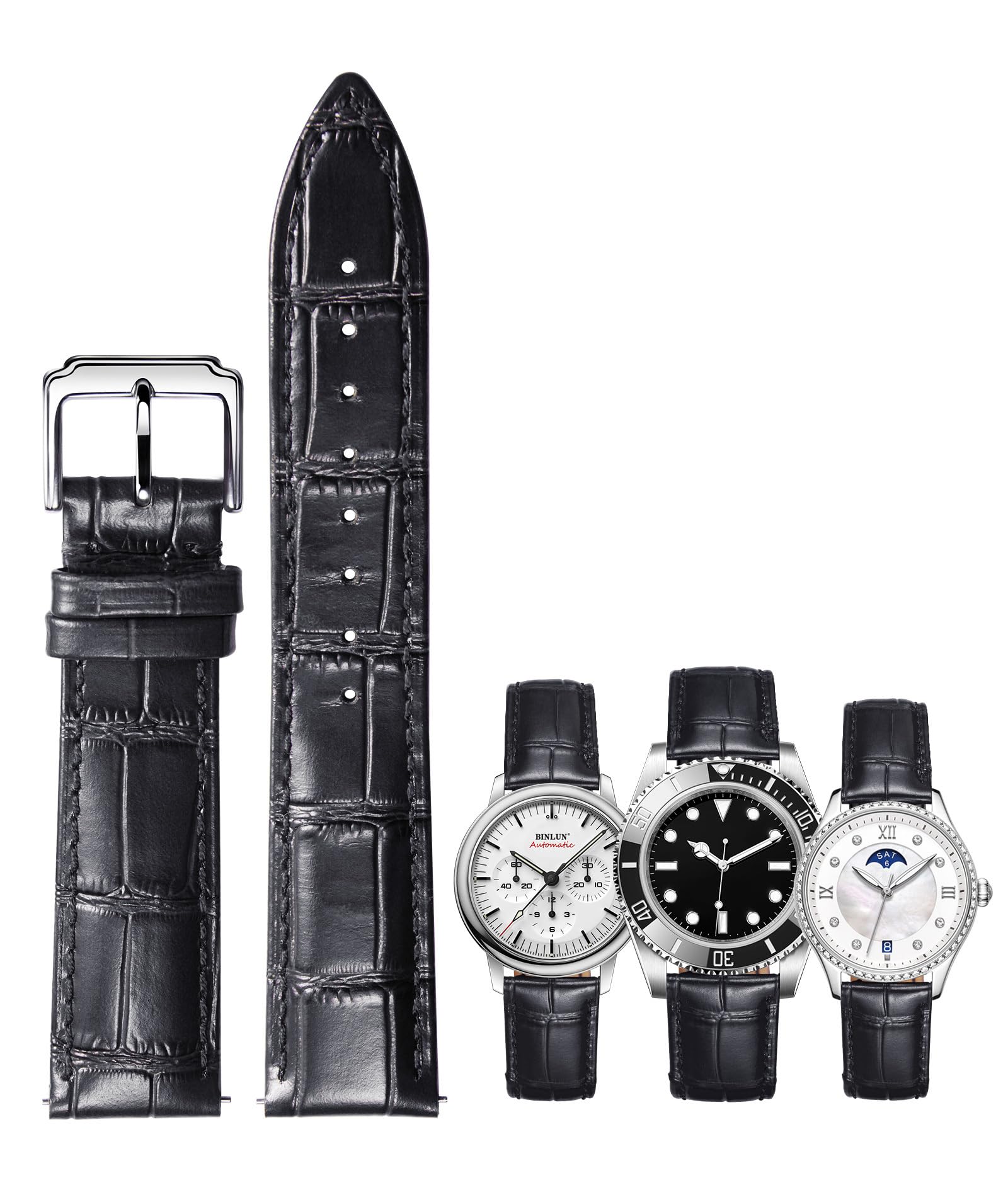 BINLUN Leather Watch Strap Quick Release Replacement Crocodile Leather Watch Bands for Men Women (Black, 15mm)