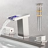 AVSIILE LED Bathroom Faucet 3 Hole, Brushed Nickel Waterfall Bathroom Faucets, 8 Inch Widespread Modern Bathroom Sink Faucet & Parts, Wide Spread Touch On Three Hole 2 Handle Bathroom Vanity Faucet