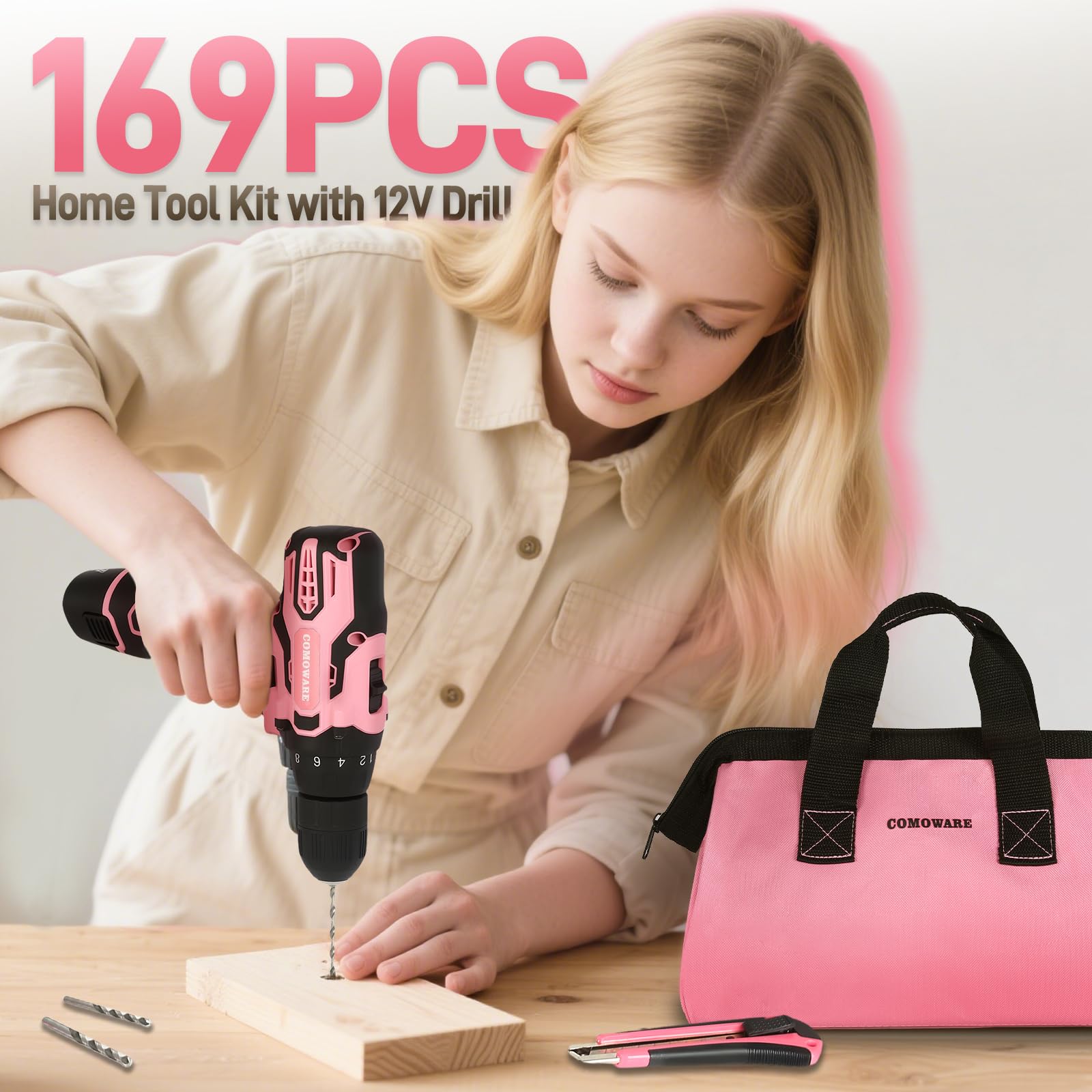 COMOWARE 12V Pink Cordless Drill Home Tool Kit, Pink Drill Set for Women, Lady's Home Repairing Tool Kit Hand Tool Set for DIY Large-Capacity Tool Storage Bag Included