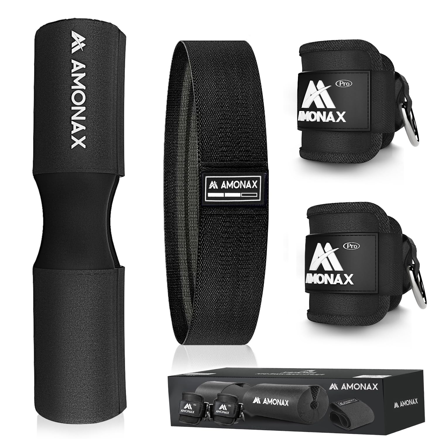 AMONAX Barbell Squat Pad, Extra Thick Foam Padding for Neck & Shoulder Support, Heavy Duty Gym Fitness Workout Cover for Women Hip Thrusts, Weight Lifting and Heavy Squats (Black 3 in 1 Combi Set)