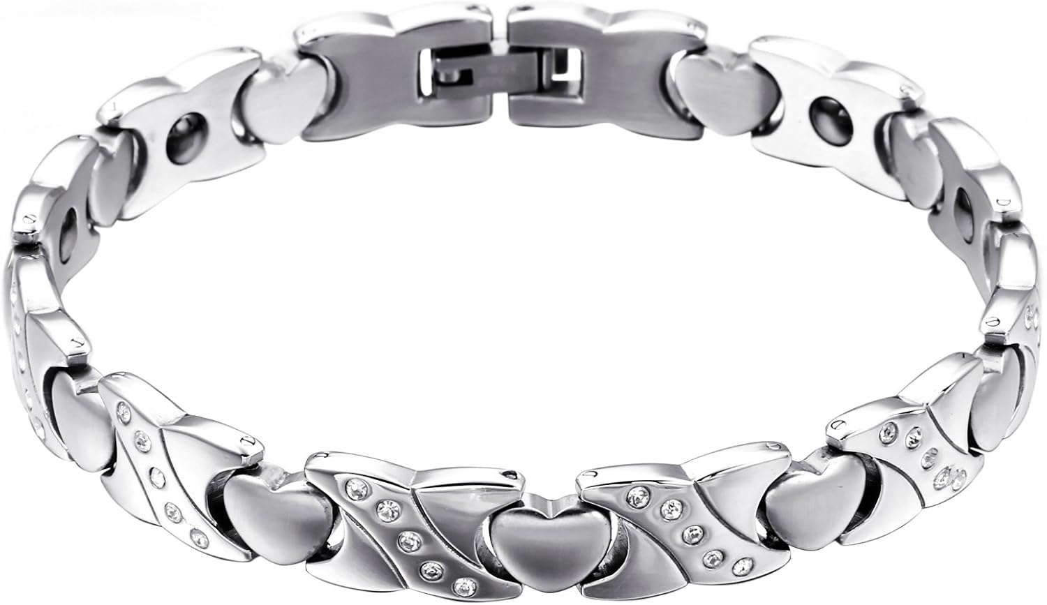 Oidea Womens High Polished Stainless Steel Heart Charm Healthy Magnetic Bracelet,Shiny CZ Inlaid,8.6 Inch