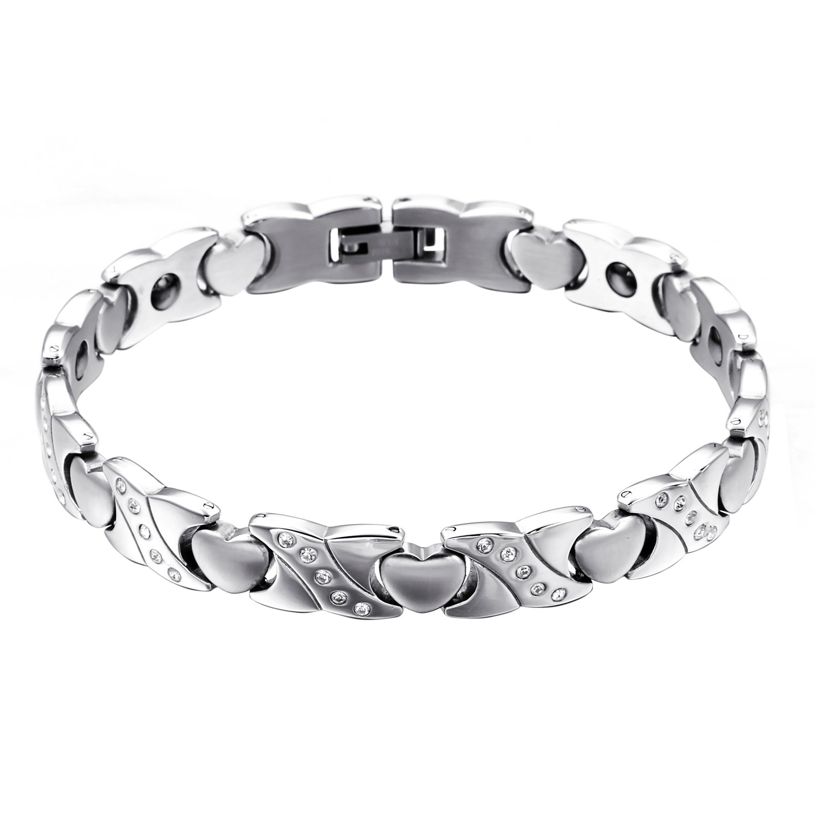 Oidea Womens High Polished Stainless Steel Heart Charm Healthy Magnetic Bracelet,Shiny CZ Inlaid,8.6 Inch