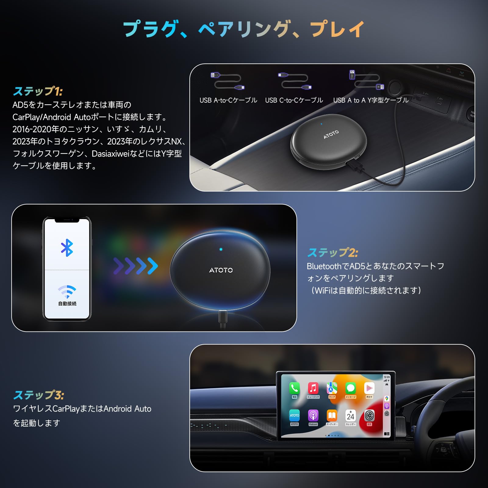 AD5 CarPlay ワイヤレス Ai Box 純正ナビがAndroidタブレットに早変わり YouTube・Netflix動画視聴 ワイヤレスCarPlay & Android Auto両対応 話せるAIアシスタントChatGPT搭載 OTA更新対応「技適取得済み品」