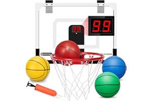 Indoor Mini Basketball Hoop Electronic Scoreboard with 4 Replacement PVC Mini Soft Basketballs, LED Over The Door Basketball 