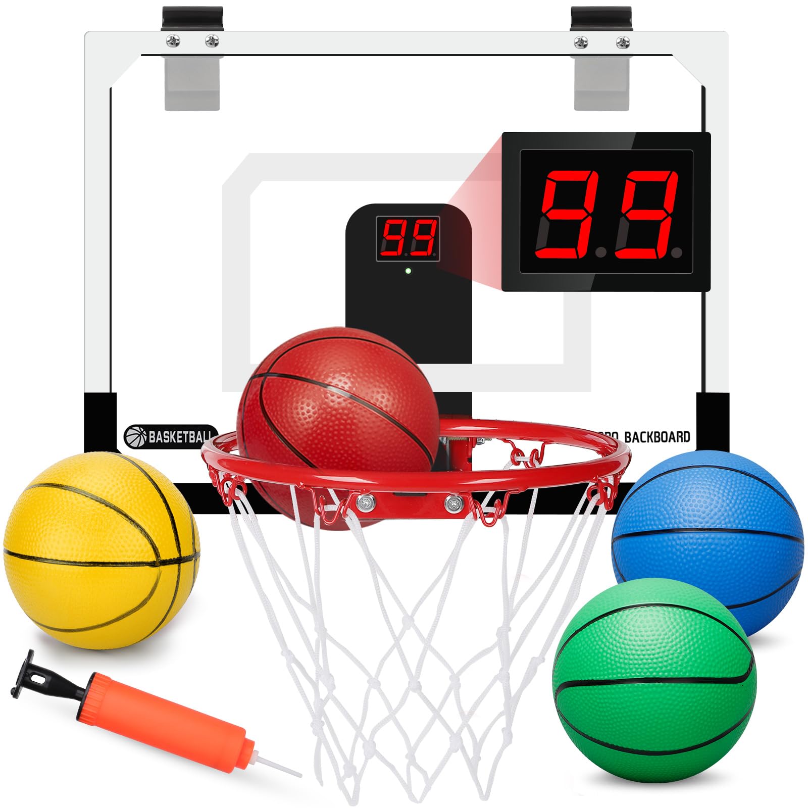 Pro Indoor Mini Basketball Hoop Set, Wall Mount Automatic Scoring Basketball Hoop with 4 Rubber 16CM Ball, Over Door Electronic Scoreboard Large Dunk Rim Gift for Pool Office Sport Game for Boy Girl