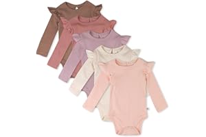 HonestBaby baby-girls 5-pack Long Sleeve Ruffle Shoulder Bodysuits 100% Organic Cotton for Infant Baby Girls