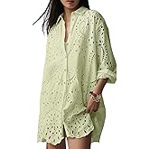 CHARTOU Women Eyelet Lace Dress Button Down Shirt Loose Fit Summer Casual Mini Dress