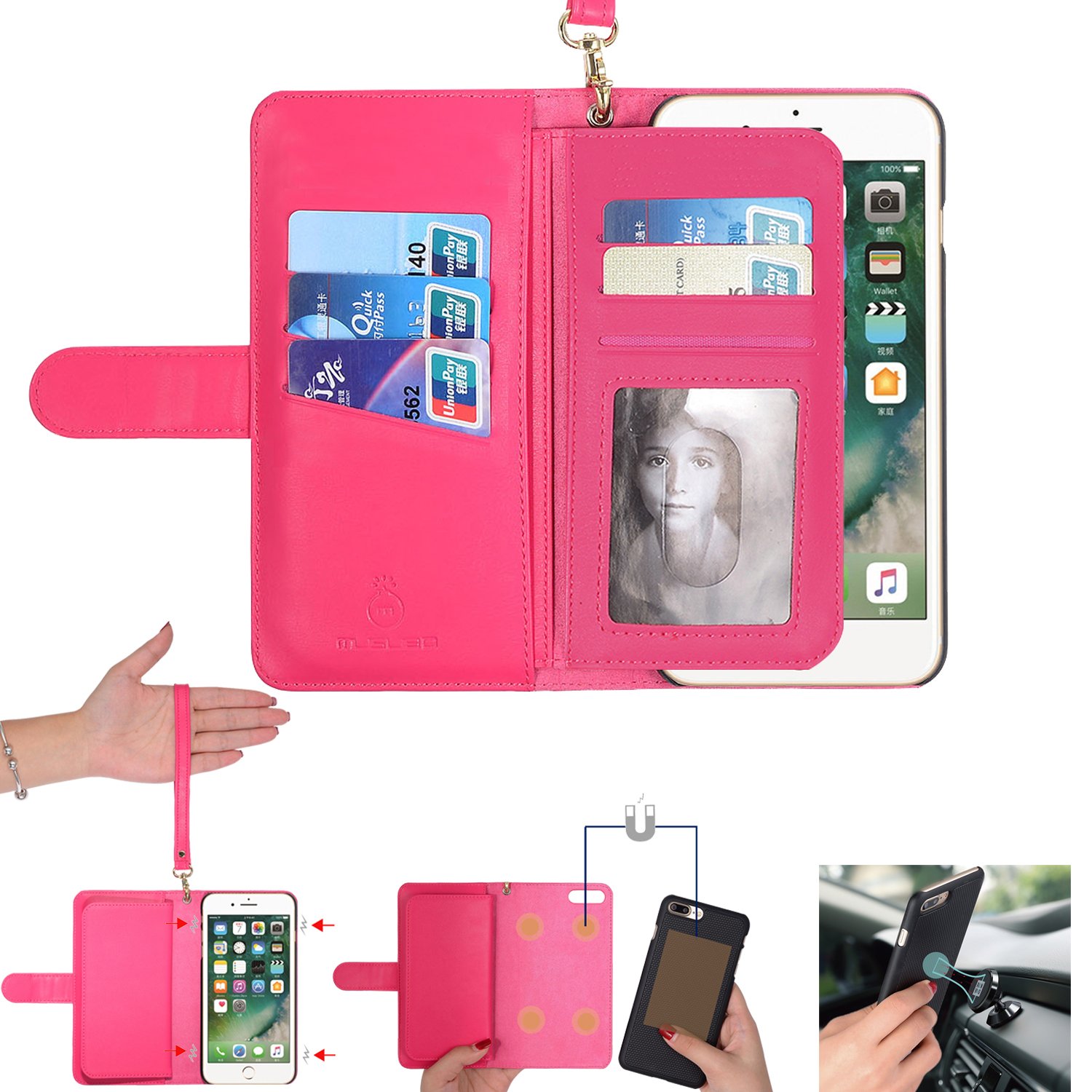 2 in 1 iPhone 7 iPhone 8 Case Wallet Folio Flip PU Leather Case Magnetic Detachable Inner Shell and Slim Back Cover Card Holder Slot Wrist Strap for iPhone 7 iPhone 8 4.7 inch (Hot Pink-7/8)