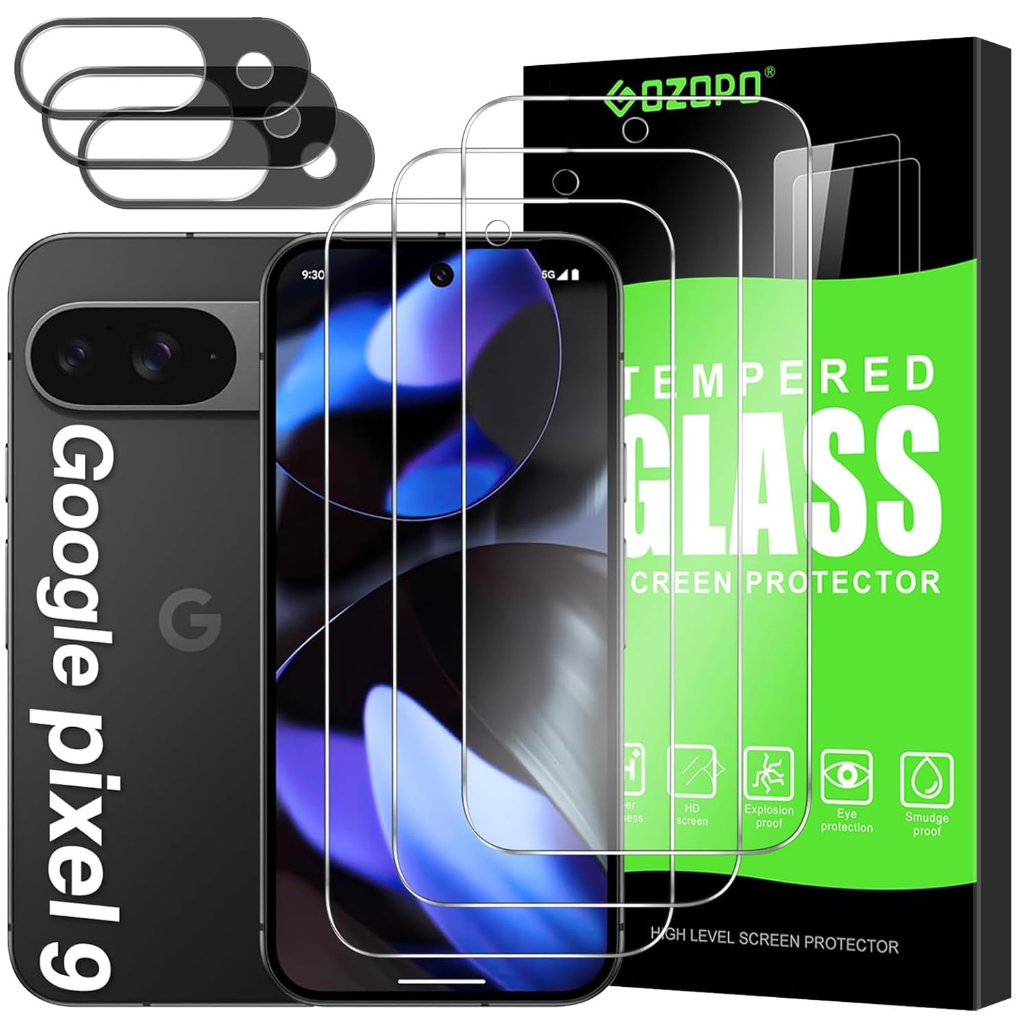 Photo 1 of GOZOPO 3+3 Pack Screen Protector for Google Pixel 9, Tempered Glass Protective Film [Scratch Resistant] [Bubble Free] [9H Hardness]