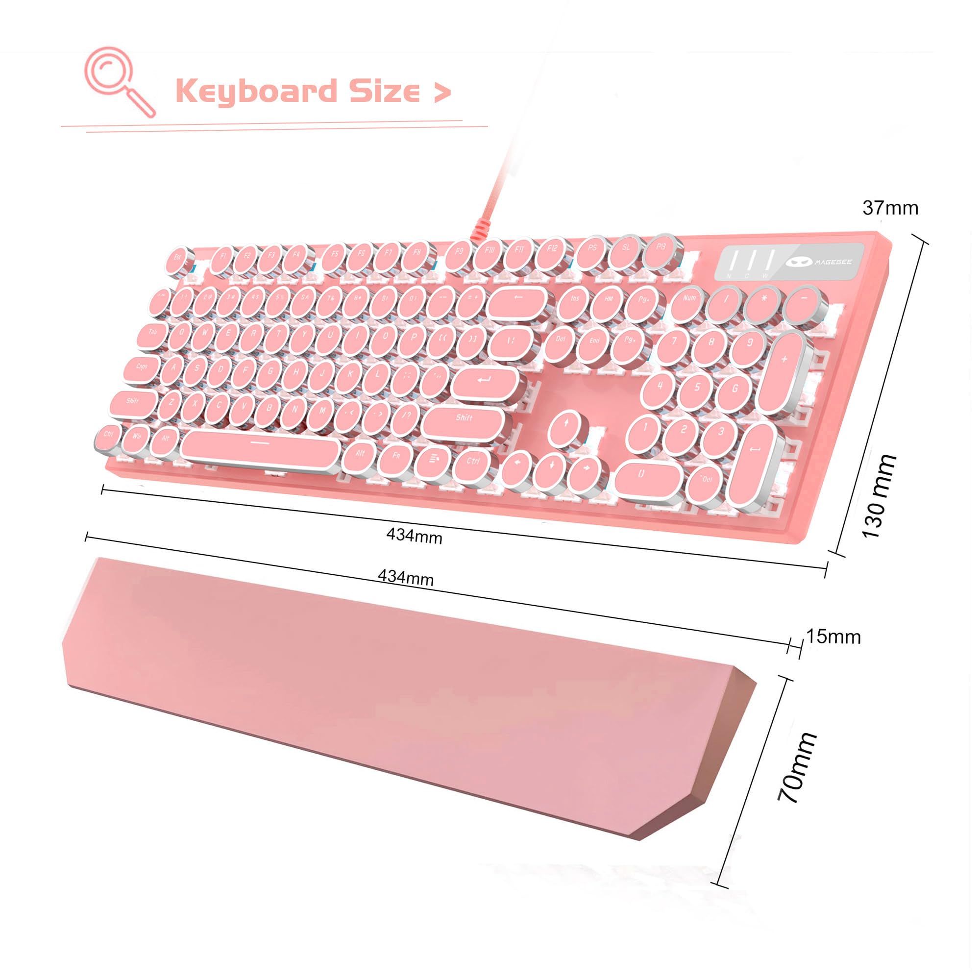 MageGee Typewriter Mechanical Gaming Keyboard, Retro Punk Pink Round Keycaps, 104 Keys LED White Backlit Wired Keyboards for Laptop MAC PC Gamer, with Magnetic Wrist Rest, Blue Switch