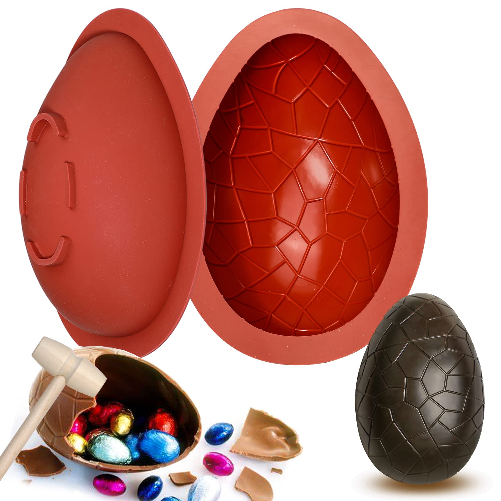 Webake Easter Dinosaur Egg Moulds Silicone Large 2 Pcs 3D Breakable Giant Egg Chocolate Mould with 1 Hammer for Easter Decorations, Candy, Cake, Dessert Baking