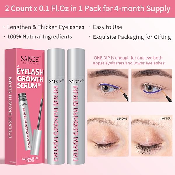 SAISZE EYELASH GROWTH SERUM 2 PCS, EYELASH ENHANCER, LASH EXTENSIONS, BIOTIN EYELASH SERUM, LASH BOOST SERUM FOR LONGER, FULLER AND THICKER LASHES, 2 COUNT X 0.1 FL OZ