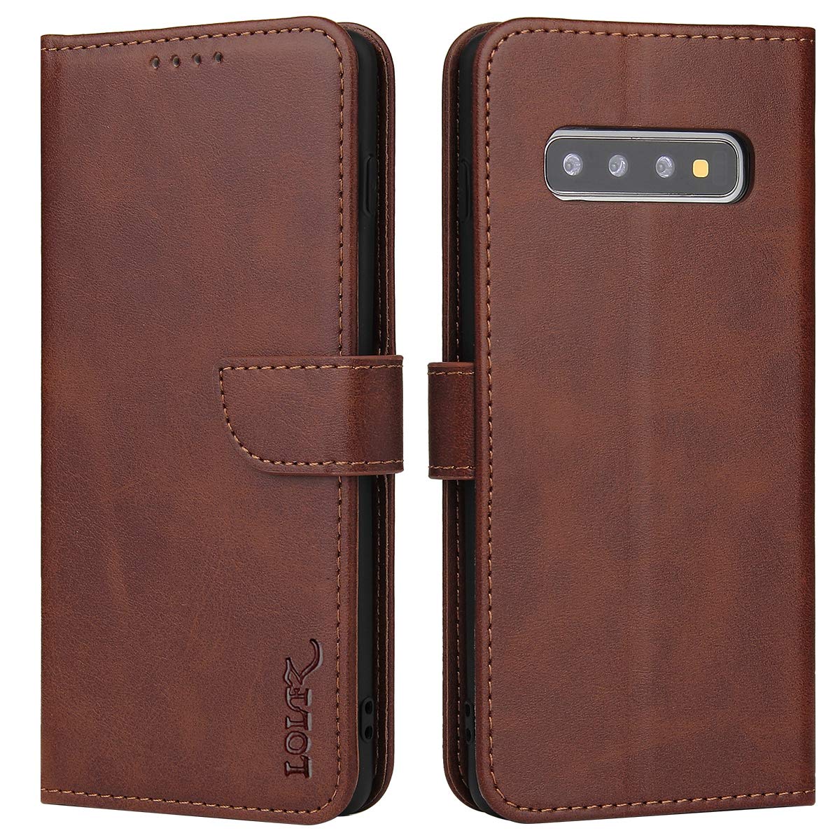 LOLFZ Wallet Case for Samsung Galaxy S10, Vintage Leather Book Case with Card Holder Kickstand Magnetic Closure Flip Case Cover for Samsung Galaxy S10 - Brown