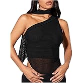 MakeMeChic Women's Halter Sleeveless Going Out Tops with Scarf Ruched Asymmetrical Neck Tube Top