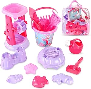 Liberty Imports Pink Princess Sand Wheel Beach Set Toy with Zippered Bag for Girls - Includes Sand Sifter, Mermaid Bucket, Water Pot, Play Tools and Molds (13 Pcs Playset)