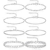 Tornito 8Pcs Ankle Bracelets for Women Stainless Steel Waterproof Layered Cuban Figaro Link Chain Rope Paperclip Herringbone Satellite Bead Anklets Set Summer Beach Jewelry Gold Silver Tone 8.5 Inch