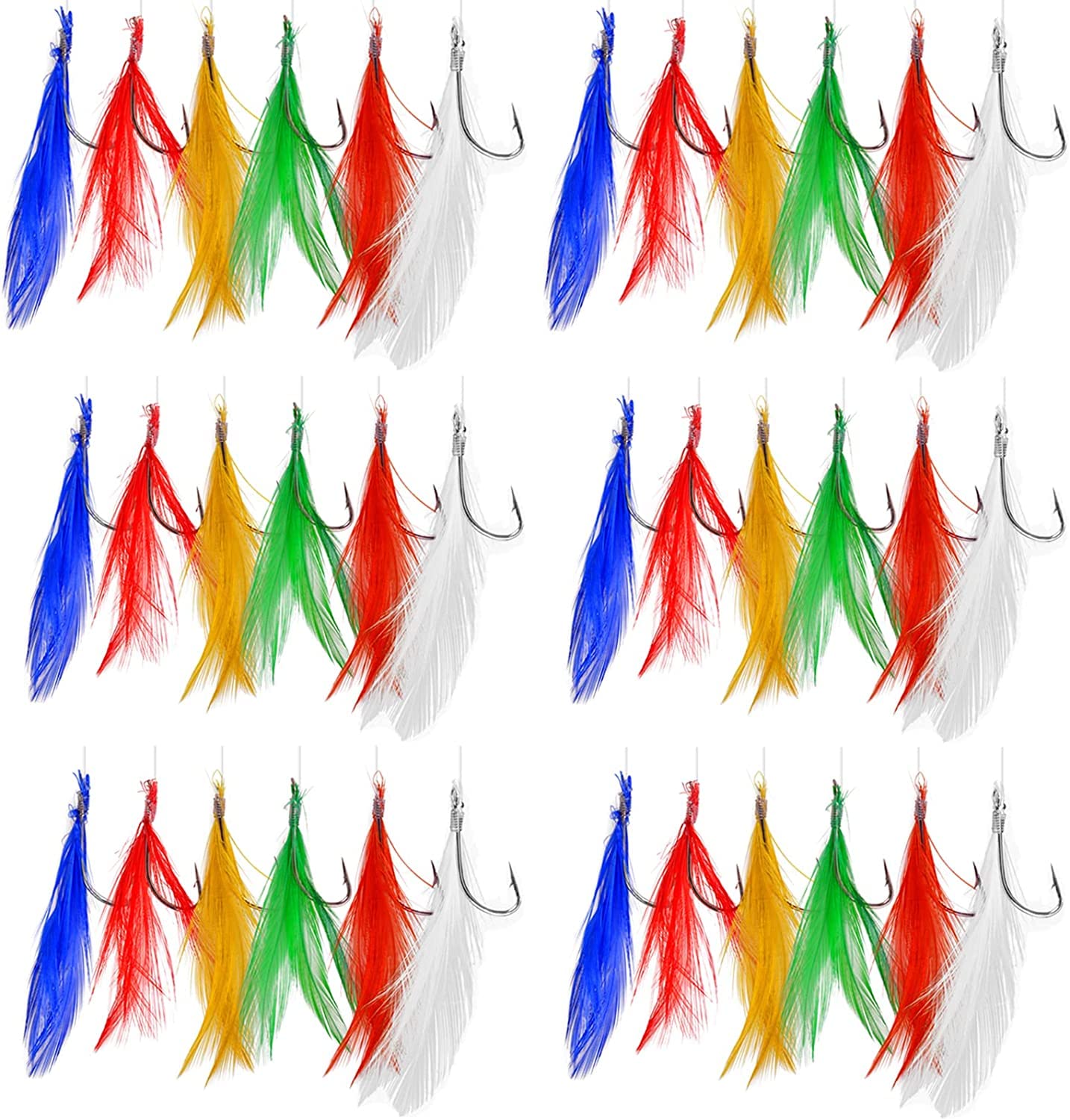 Fishing Feathers Bait Rigs-8 Packs/48 Hooks Mackerel Feather Rig Fishing Lures Saltwater Freshwater Multicolor Fishing Bait Rigs with String Hook Lure Tackle Jig