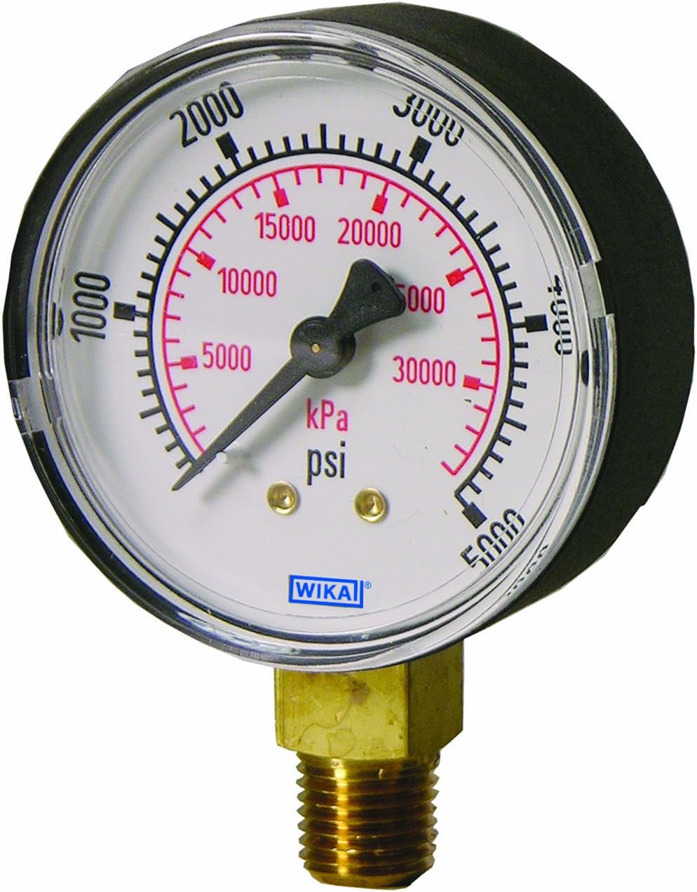 WIKA 4253108 Commercial Pressure Gauge, Dry-Filled, Copper Alloy Wetted Parts, 2-1/2" Dial, 0-15 psi Range, -3/2/3% Accuracy, 1/4" Male NPT Connection, Bottom Mount