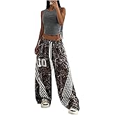 SOLY HUX Women's Camo Pants Y2k Striped Drawstring Elastic Waist Baggy Wide Leg Sweatpants Streetwear