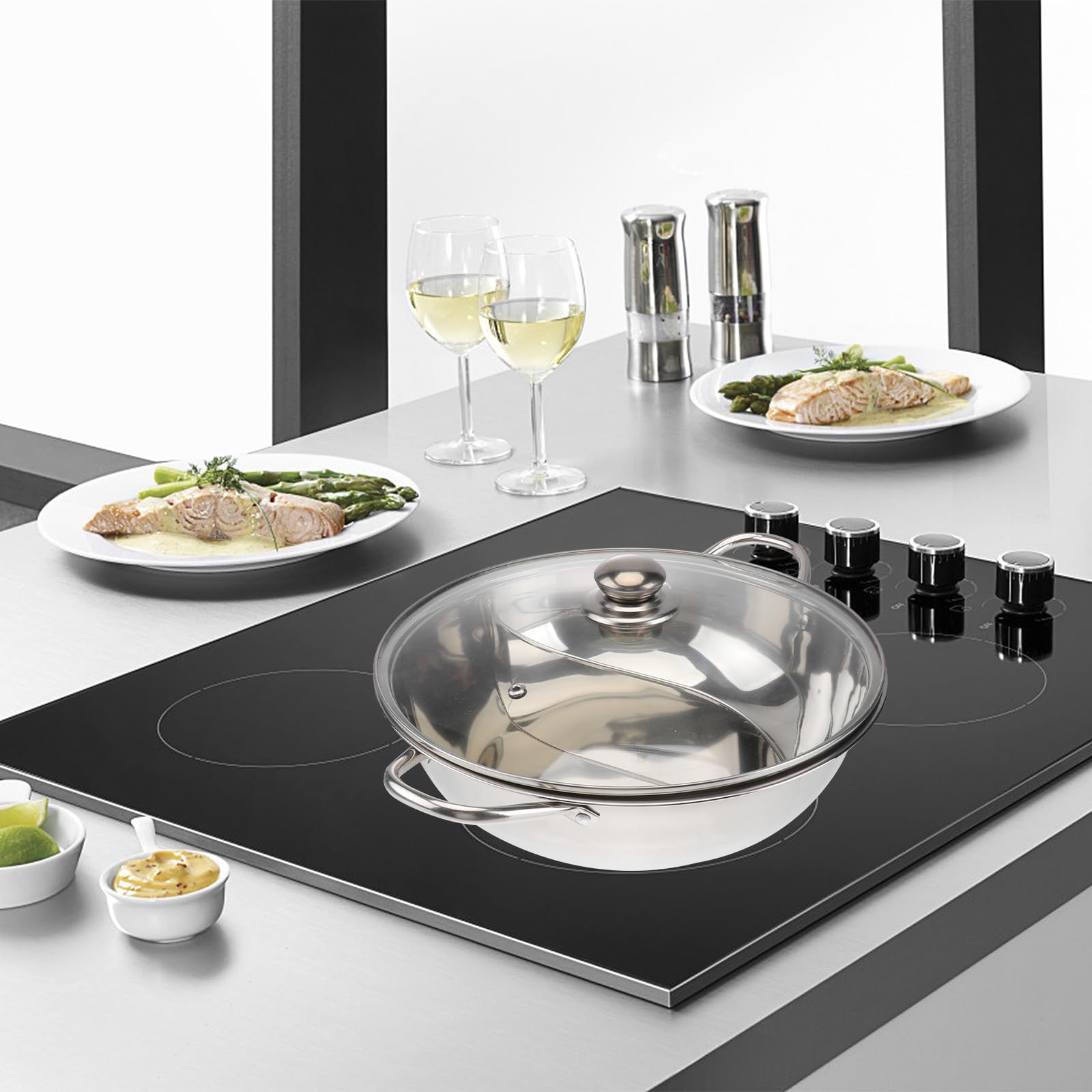 Hakidzel Twin Divided Hot Pot Multifunctional Stainless Steel Induction Cooker Hot Pot with Divider and Lid Dual-Sided Cookware for Induction Cooktop and Gas Stove for Shabu Shabu
