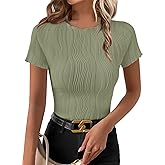 EVALESS Womens 2025 Trendy Dressy Casual Short Sleeve Tops Blouses Fashion Spring Summer Textured Crewneck Slim Cute Lettuce Trim T Shirts Clothes,Light Green Small